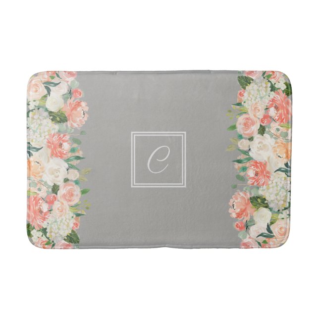 Tapis De Bain Taupe et Pêche Aquarelle Florale avec Monogramme (Devant)