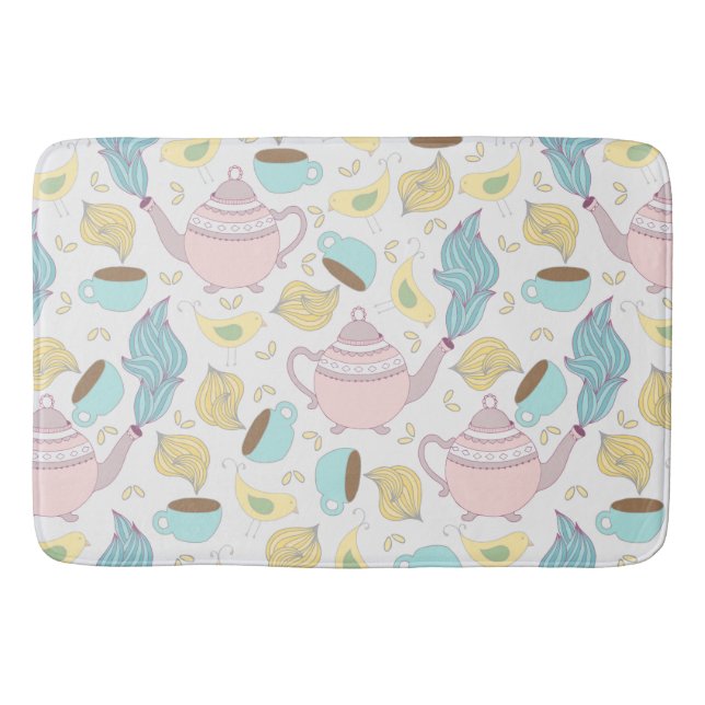 Tapis De Bain Teapots Teacups and Birds Whimsical Pastel Motif (Devant)