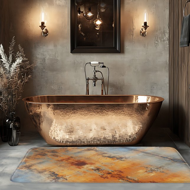 Tapis De Bain Terre cuite grise bleue abstraite industrielle (Abstract industrial design bath mat in blue grey with terra cotta colors.)