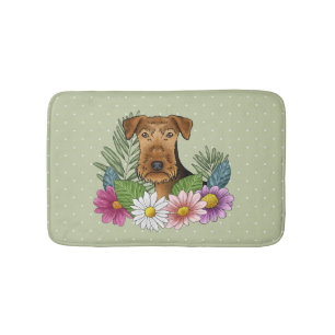 Tapis De Bain Tête de Terrier Airedale et fleurs colorées Vertes