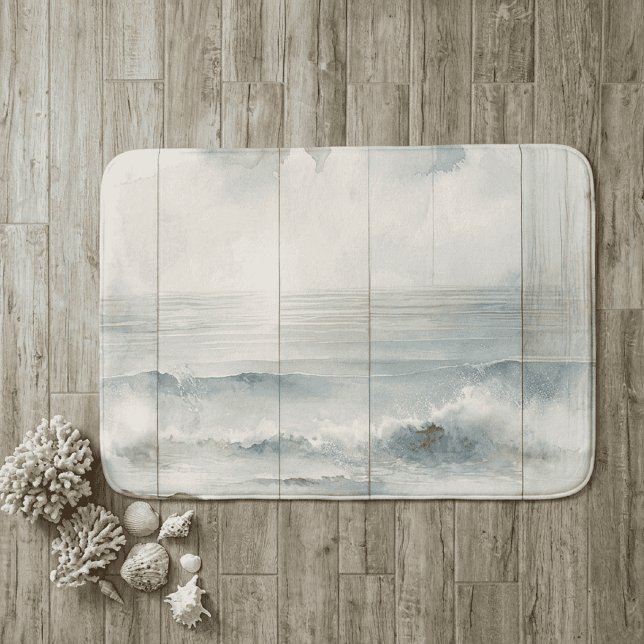 Tapis De Bain Texture de bois rustique océan pastel aquarelle (Pastel wood beach bath mat 1)