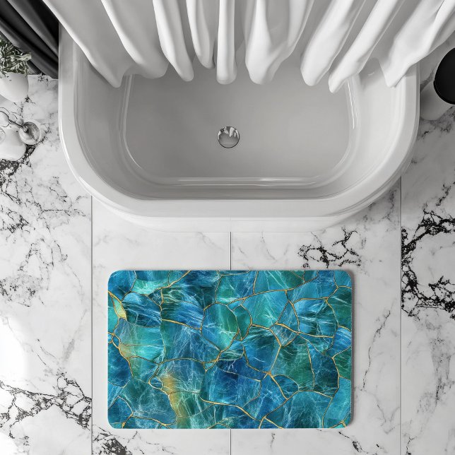 Tapis De Bain Texture de marbre bleu sarcelle avec veines dorées (Créateur téléchargé)