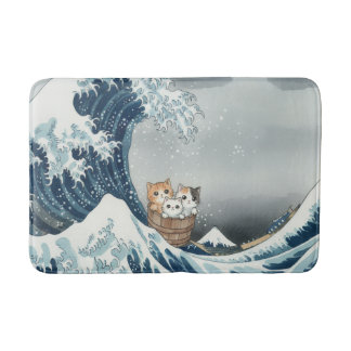 Tapis De Bain The Great Wave off Kanagawa with Cute Kittens
