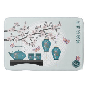 Tapis De Bain Thé turquoise asiatique papillons en fleurs