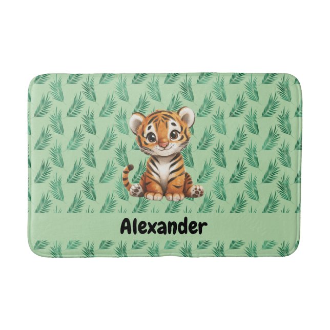 Tapis De Bain Tigre de dessin mignon sur Feuilles tropicaux (Devant)