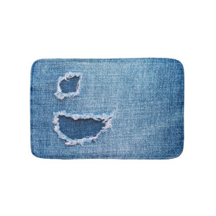 Tapis De Bain Tissu en denim déchiré, teintes bleues.