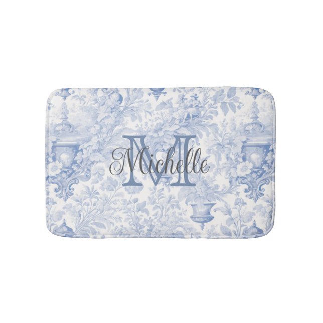 Tapis De Bain Toile de Jouy Bleue Française Monogramme Initiale  (Devant)