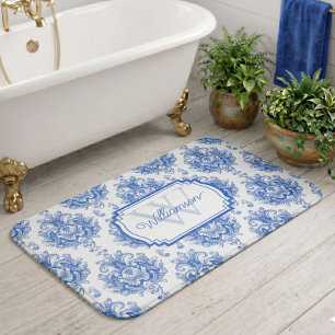 Tapis De Bain Toile de Jouy Bleue Française Motif Damassé Nom Mo
