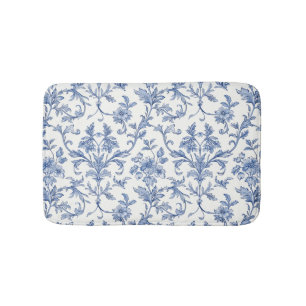 Tapis De Bain Toile de Jouy bleue motif floral de style country