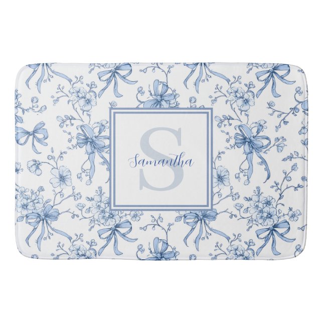 Tapis De Bain Toile de Jouy Fleurie Bleue Monogramme Nom  (Devant)