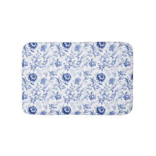 Tapis De Bain Toile de Jouy florale bleue et blanche de style ca