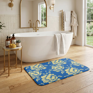 Tapis De Bain Toile de pivoine bleue et jaune - Décor de campagn