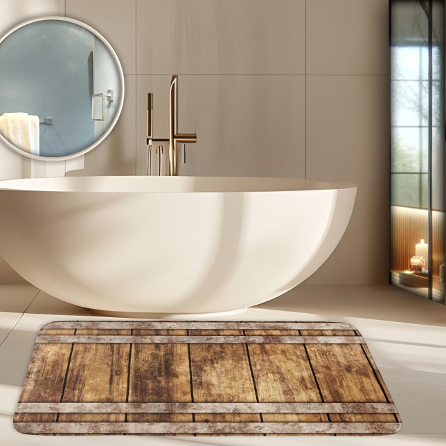 Tapis De Bain Tonneau de vin en bois rustique industriel (Industrial wine barrel design bath mat with weathered wood and rustic metal)