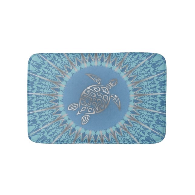 Tapis De Bain Tortue argentée | Mandala côtier tropical (Devant)