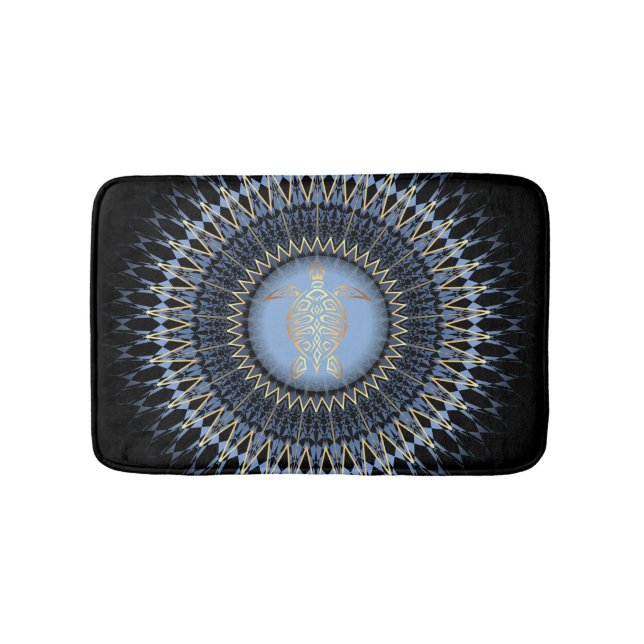 Tapis De Bain Tortue Mandala Noir Bleu Or (Devant)