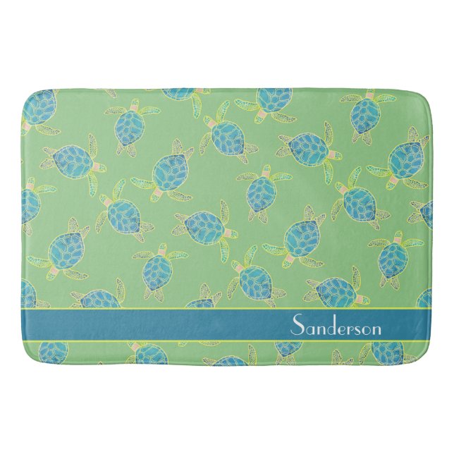 Tapis De Bain Tortue marine marine personnalisée bleu vert bleu (Devant)
