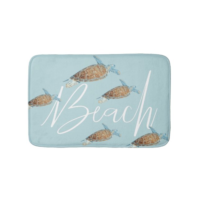 Tapis De Bain Tortues de mer peintes avec texte "Plage" (Devant)
