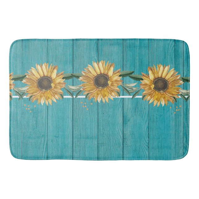 Tapis De Bain Tournesol rustique Turquoise Bleu Grange Bois pays (Devant)