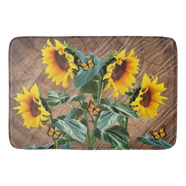 Tapis De Bain Tournesols Papillons Barres Rustiques (Devant)