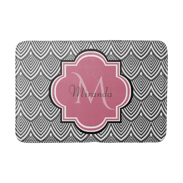 Tapis De Bain Trendy Black Arched Scallops Pink Monogramme Nom (Devant)