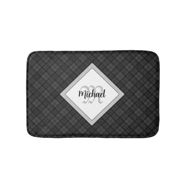 Tapis De Bain Trendy noir blanc tartan Personnaliser Monogramme (Devant)