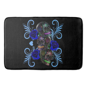 Tapis De Bain Triple Jour Noir Des Crânes Morts Roses Bleus
