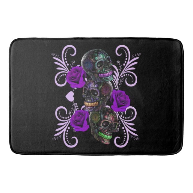 Tapis De Bain Triple Jour Noir Des Crânes Morts Roses Violets (Devant)
