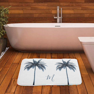 Tapis De Bain Tropical Blue Palm Tree Vintage Élégant Monogramme