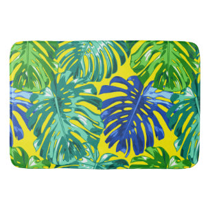 Tapis De Bain Tropical Vert Bleu Jaune Monstera Jungle Feuilles