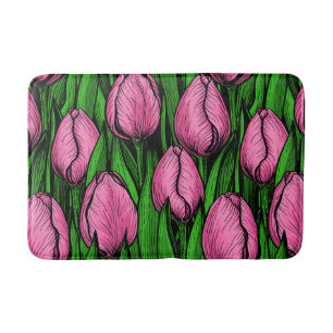 Tapis De Bain Tulières roses avec feuilles verts