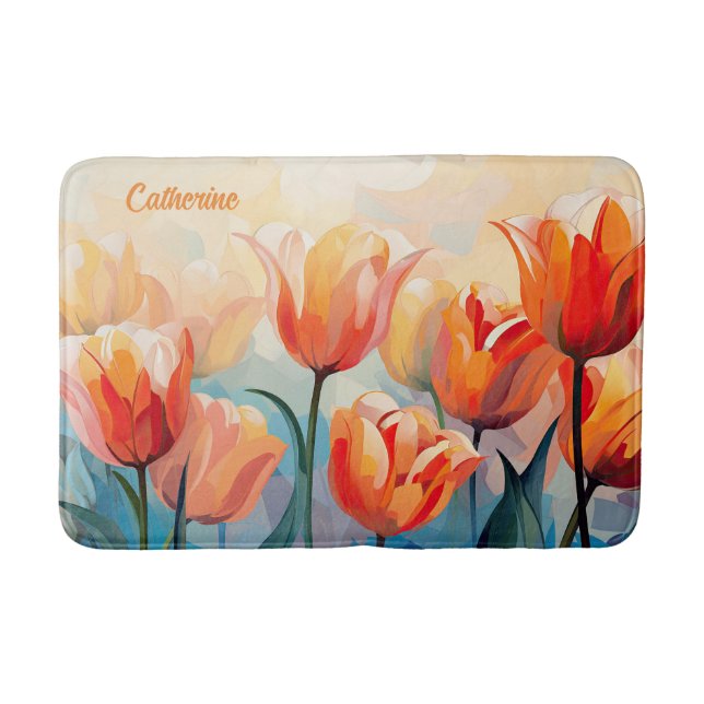Tapis De Bain Tulipes d'aquarelle de nom personnalisé (Devant)