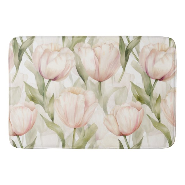 Tapis De Bain Tulipes Florales Crème Rose Clair Joli  (Devant)
