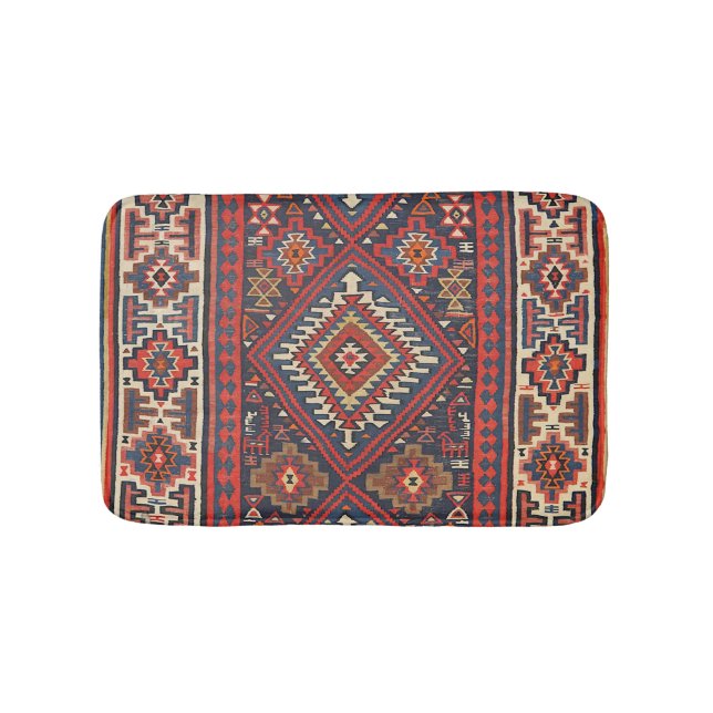 Tapis De Bain Turquie Kilim Aztec Rouge Bleu Tan  (Devant)