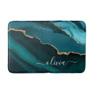 Tapis De Bain Turquoise Aqua Blue Green Agate Geode Gold Monogra