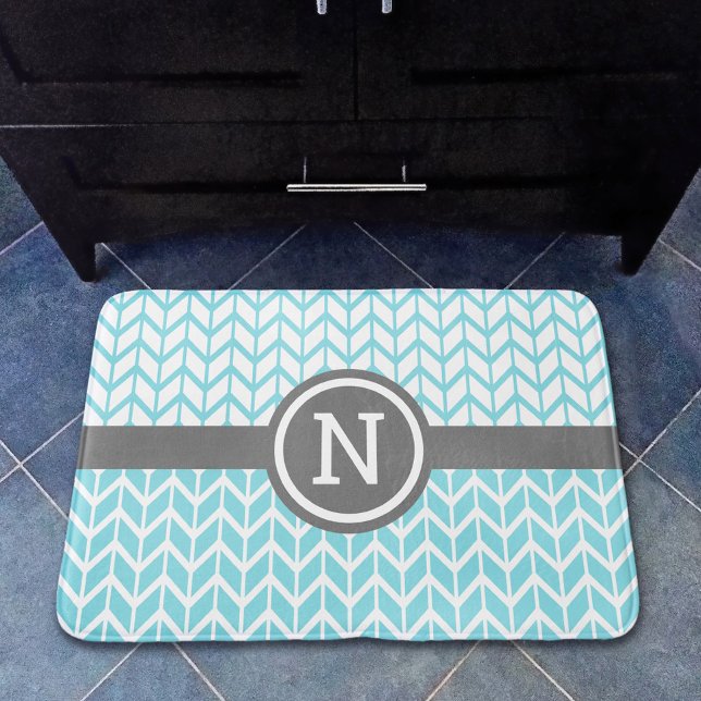 Tapis De Bain Turquoise Blanc Chevron Motif Monogram Grey Bold (Créateur téléchargé)