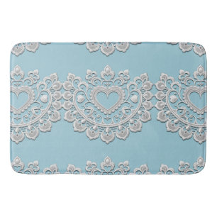 Tapis De Bain Turquoise Bleu Blanc Dentelle Cœur Mariage Nuptial