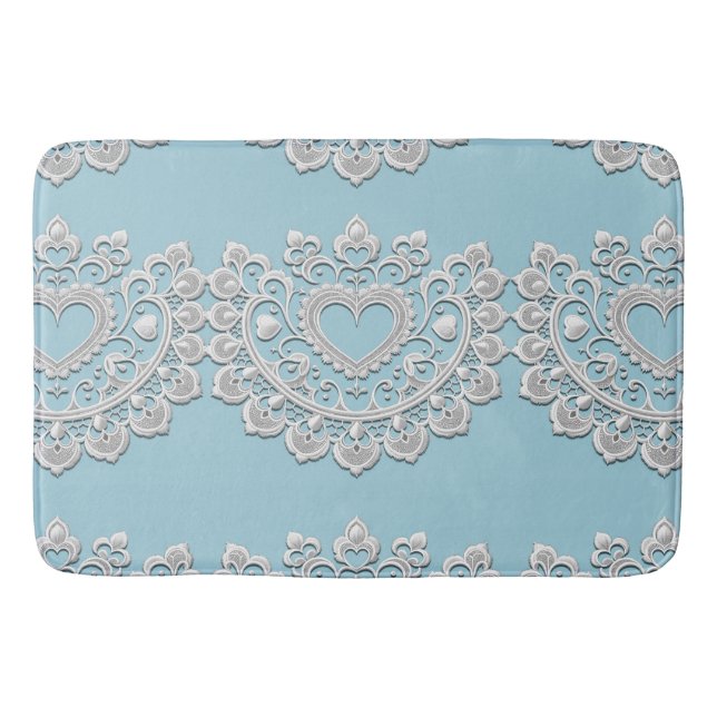 Tapis De Bain Turquoise Bleu Blanc Dentelle Cœur Mariage Nuptial (Devant)