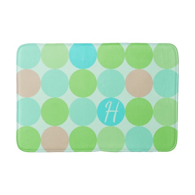 Tapis De Bain Turquoise Bleu Vert & Cercles Orange Monogramme (Devant)
