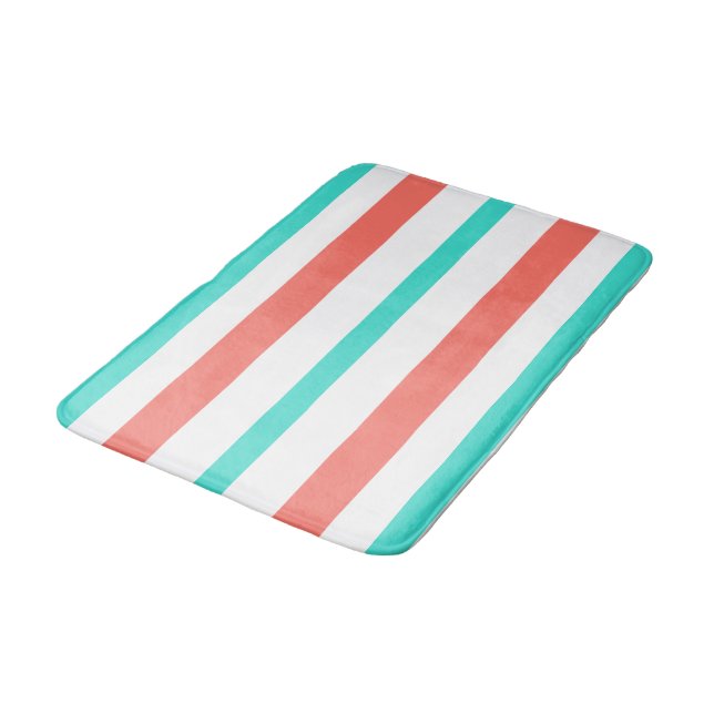 Tapis De Bain Turquoise Coral White Summer Stripes (Angle)