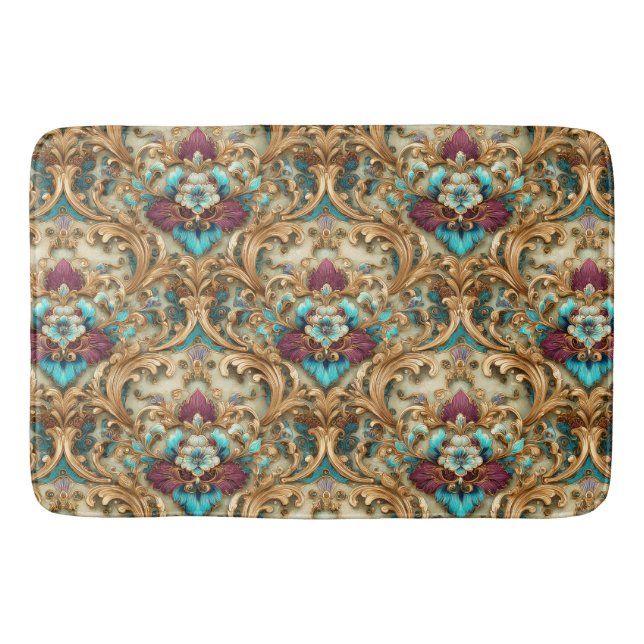 Tapis De Bain Turquoise et Or Damassé Orné (Devant)