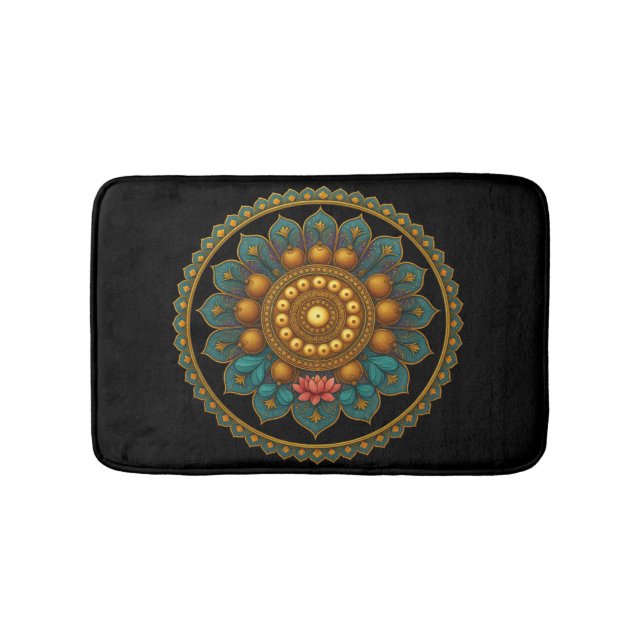 Tapis De Bain Turquoise Lotus Mandala - Black Boho Graphic Art (Devant)