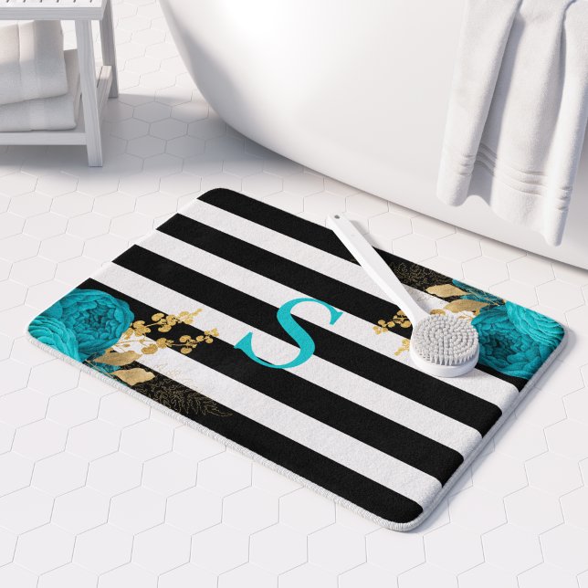 Tapis De Bain Turquoise Or Floral Monogramme Noir Blancs (Créateur téléchargé)