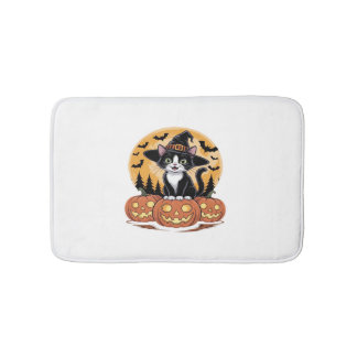 Tapis De Bain Tuxedo Chat Halloween Sorcière mignonne Citrouille