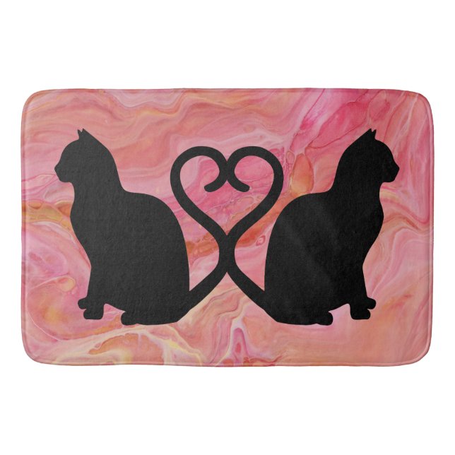 Tapis De Bain Two Cats Heart Tails on Pink Marble (Devant)