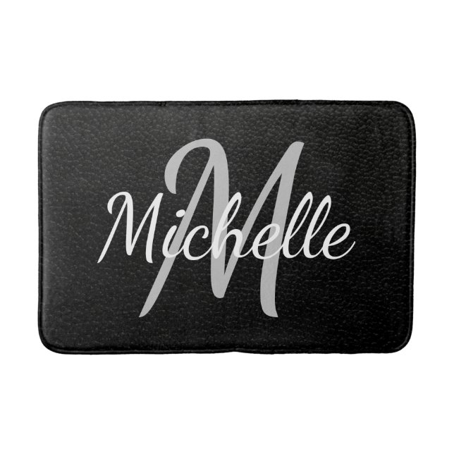 Tapis De Bain Typographie & Monogramme de nom en cuir noir moder (Devant)