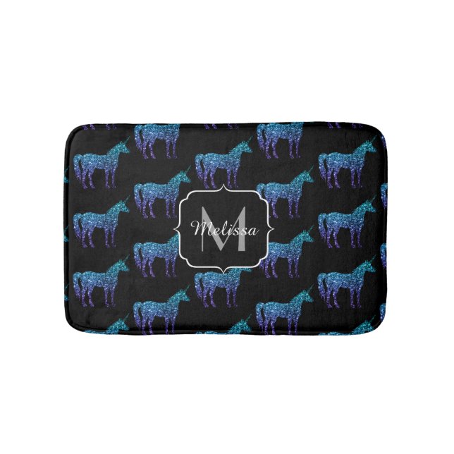 Tapis De Bain Unicorn Sparkles aqua blue ombre motif Monogramme (Devant)
