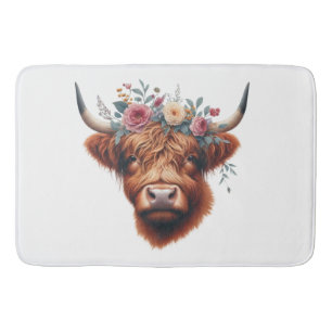 Tapis De Bain Vache des hautes terres mignonne, florale/printani