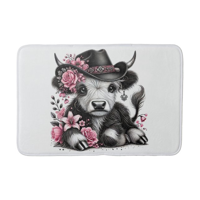 Tapis De Bain Vache des Highlands avec chapeau floral (Devant)