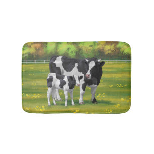 Tapis De Bain Vache Holstein et veau mignon en pâturage d'été