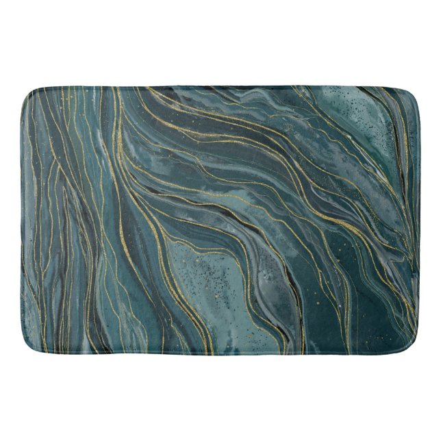Tapis De Bain Vagues aquarelles abstraites bleu sarcelle or (Devant)